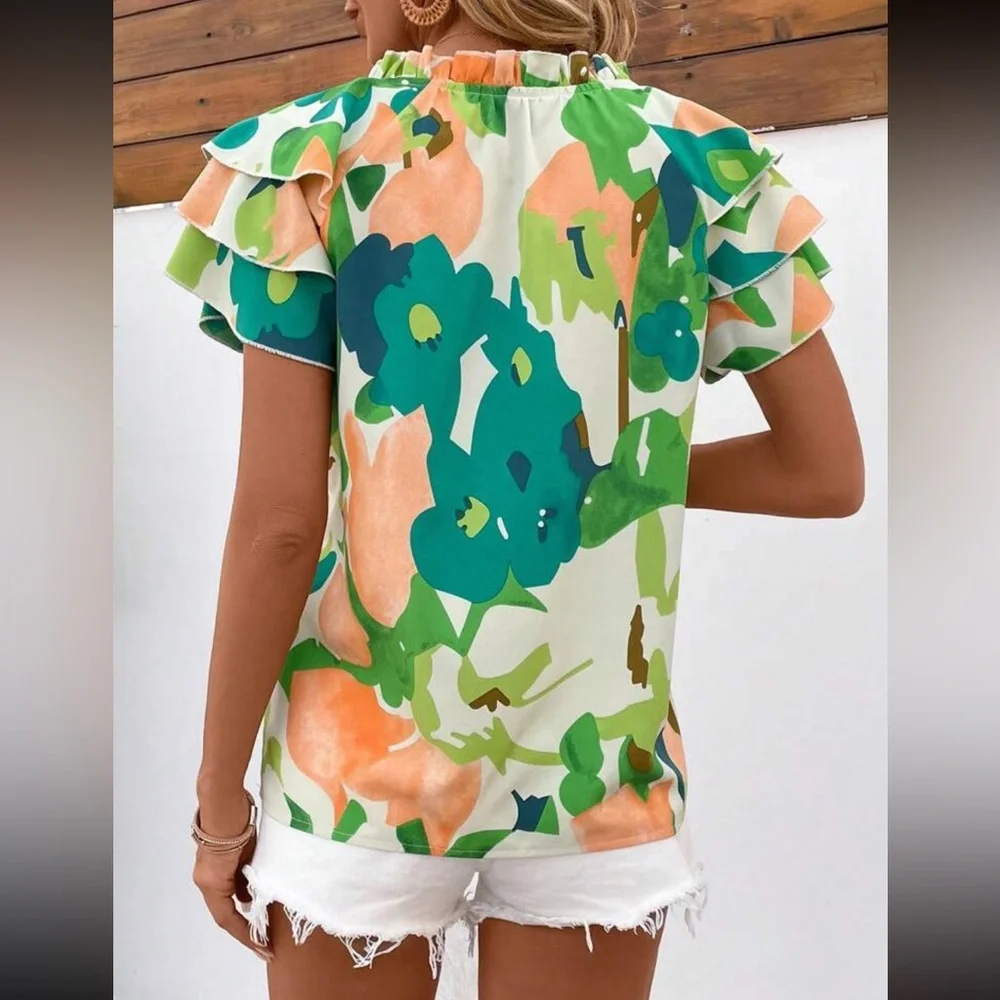 Boho Floral Print Ruffle Flutter Sleeve Top Blouse Shirt Black - Picture 3 of 4